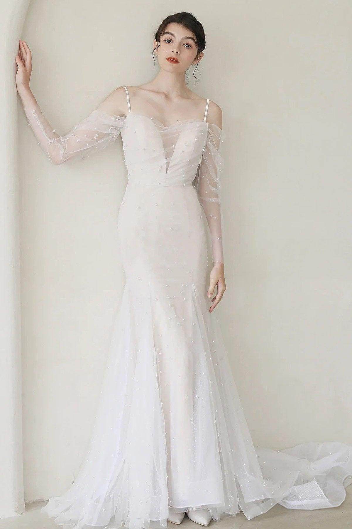 Trumpet-Mermaid Sweep-Brush Train Tulle Wedding Dress CW3053 - COCOMELODY